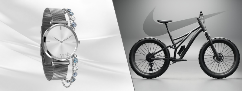 Side-by-side-images-of-a-silver-wristwatch-with-a-gem-embellished-band-on-the-left-and-a-black-mountain-bike-with-wide-tires-on-the-right-both-set-against-a-grey-backdrop-1