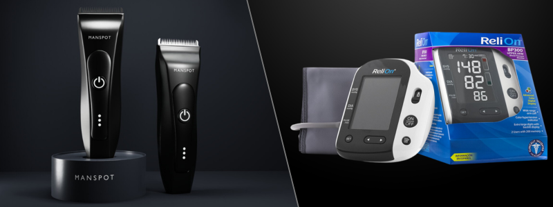 The-image-shows-two-MANSPOT-electric-trimmers-on-the-left-and-a-ReliOn-blood-pressure-monitor-in-its-box-on-the-right-1