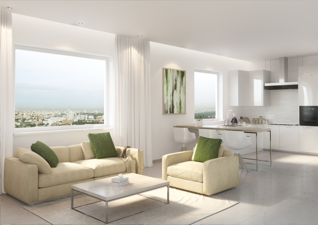 A 3D interior architectural design featuring soft greens and a skyline view.