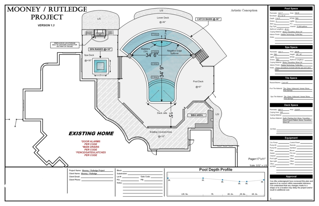 architectural plan for a pool design for an existing home