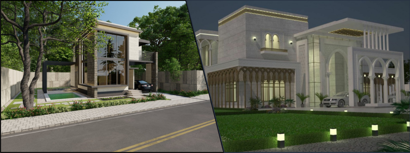 3D visualization of a duplex building and large residence