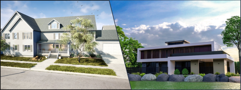 3D visualization of a two-storey home and a lakeside house