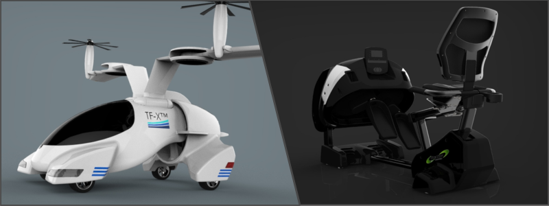 3d product rendering of an advanced heli-like drone and a workout machine