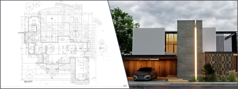 3D rendering and blueprint of residential and commercial designs