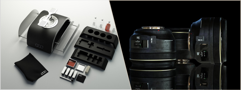 CAD design of a shoebox set and camera lens