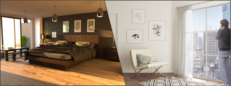 photorealistic 3d interior design of an apartment bedroom and living room with skyline view