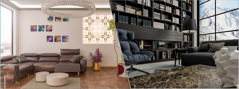 living room examples with decoration and fixtures such as bookshelves and artwork | Cad Crowd living room examples with decoration and fixtures such as bookshelves and artwork