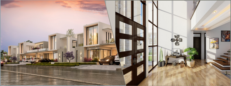 3d rendering of an apartment complex and interior design of an entrance hallway | Cad Crowd 3d rendering of an apartment complex and interior design of an entrance hallway