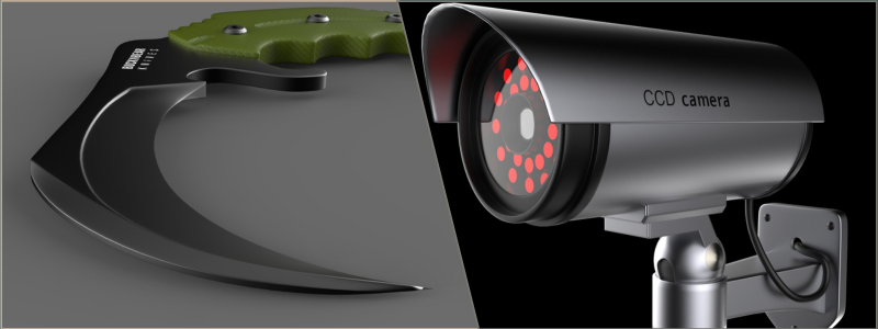 3d rendering of products including a karambit knife and cctv camera | Cad Crowd 3d rendering of products including a karambit knife and cctv camera