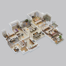 Large apartment floor plan rendering 