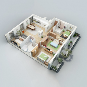3-bedroom apartment floor plan rendering